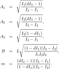 \begin{eqnarray*} A_1&=& \sqrt{\frac{I_1(dI_3-1)}{I_3-I_1}},\\ A_2&=&\sqrt{\frac{I_2(dI_3-1)}{I_3-I_2}},\\ A_3&=& \sqrt{\frac{I_3(1-dI_1)}{I_3-I_1}},\\ B&=&L\sqrt{\frac{(1-dI_1)(I_3-I_2)}{I_1I_2I_3}},\\ m&=&\frac{(dI_3-1)(I_2-I_1)}{(1-dI_1)(I_3-I_2)}. \end{eqnarray*}