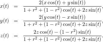  \begin{eqnarray*} x(t)&=& \frac{2(x \cos(t)+y\sin(t))}{1+r^2+(1-r^2)\cos(t)+2z\sin(t)},\\ y(t)&=& \frac{2(y \cos(t)-x\sin(t))}{1+r^2+(1-r^2)\cos(t)+2z\sin(t)},\\ z(t)&=& \frac{2z \cos(t)-(1-r^2)\sin(t)}{1+r^2+(1-r^2)\cos(t)+2z\sin(t)}. \end{eqnarray*}  