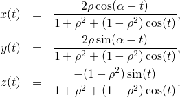  \begin{eqnarray*} x(t)&=& \frac{2\rho\cos(\alpha-t)}{1+\rho^2+(1-\rho^2)\cos(t)},\nonumber\\ y(t)&=& \frac{2\rho\sin(\alpha-t)}{1+\rho^2+(1-\rho^2)\cos(t)},\\ z(t)&=& \frac{-(1-\rho^2)\sin(t)}{1+\rho^2+(1-\rho^2)\cos(t)}\nonumber. \end{eqnarray*}  