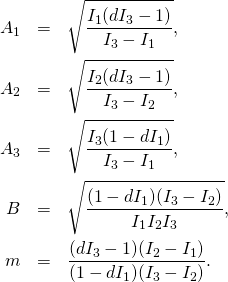 \begin{eqnarray*} A_1&=&\sqrt{\frac{I_1 (d I_3-1)}{I_3-I_1}},\\ A_2&=&\sqrt{\frac{I_2 (d I_3-1)}{I_3-I_2}},\\ A_3&=&\sqrt{\frac{I_3 (1-d I_1)}{I_3-I_1}},\\ B&=&\sqrt{\frac{(1-d I_1) (I_3-I_2)}{I_1 I_2 I_3}},\\ m&=&\frac{(d I_3-1) (I_2-I_1)}{(1-d I_1) (I_3-I_2)}. \end{eqnarray*}
