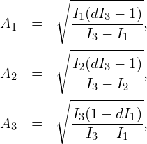 \begin{eqnarray*} A_1&=&\sqrt{\frac{I_1 (d I_3-1)}{I_3-I_1}},\\ A_2&=&\sqrt{\frac{I_2 (d I_3-1)}{I_3-I_2}},\\ A_3&=&\sqrt{\frac{I_3 (1-d I_1)}{I_3-I_1}},\\ \end{eqnarray*}